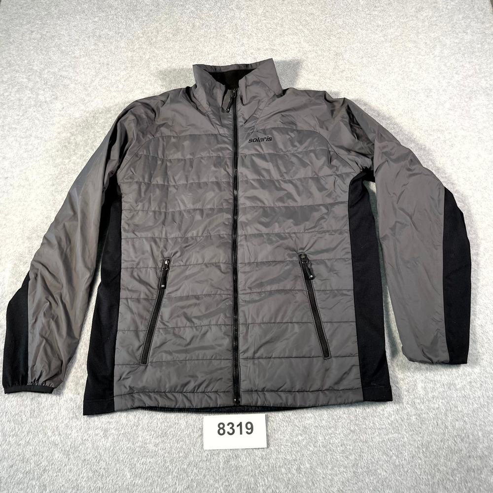Solaris Puffer Jacket Mens Medium Gray Black Nylon Lined Full Zip Outdoor Hiking